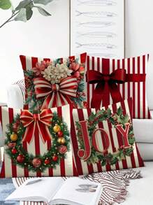 Set de 4 fundas de cojín navideñas - Rayas rojas y blancas con guirnalda, lazo y diseño de letra "Joy" - Perfectas para fiestas navideñas y decoración del hogar, sala de estar, dormitorio - Fundas de cojín de lino de alta gama con cierre de cremallera - Regalo de Navidad ideal (No incluye los insertos de los cojines)
