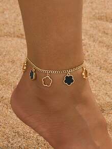 1件夏季沙滩风时尚可爱幸运四叶草吊坠脚链，适合派对、度假、送礼 - 黑色 - 查看 1