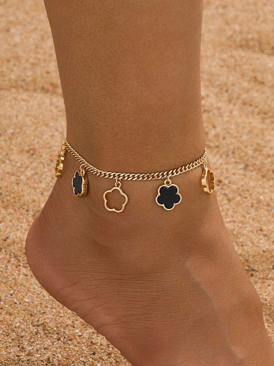 1件夏季沙滩风时尚可爱幸运四叶草吊坠脚链，适合派对、度假、送礼 - 黑色 - 查看 1
