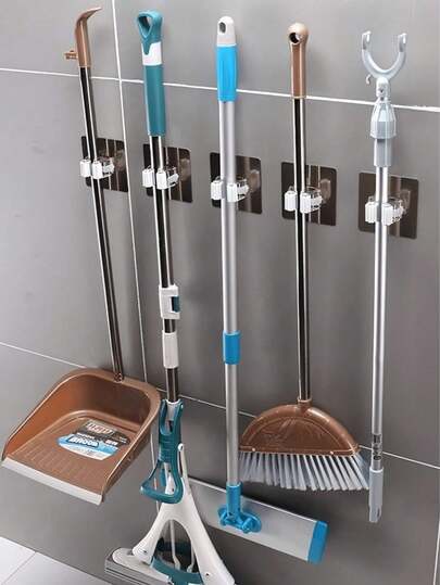 1-6pcs Wall Mounted Mop Broom Holder, Modern Plastic Storage Clips, No Drill Strong Adhesive Storage Solution For Bathroom And Kitchen, Practical Hanging Plastic Mop Rack, Bathroom No-Drill Mop Hook Bracket, Plastic Broom Storage Rack, Space Saving Organizer For Bedroom, Garden, Home And Dorm, Bathroom Storage Box | No Drilling Installation | Design Kitchen Items Kitchen Accessories Kitchen Tools