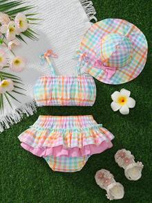 3 Peças Conjunto de Roupa para Bebê Menina: Regata com Estampa Floral de Morango Tecida com Decoração de Laço, Vestido com Babados em Camadas de Cintura Elástica e Chapéu, Uso Diário de Verão - Multicolorido - Visão 2