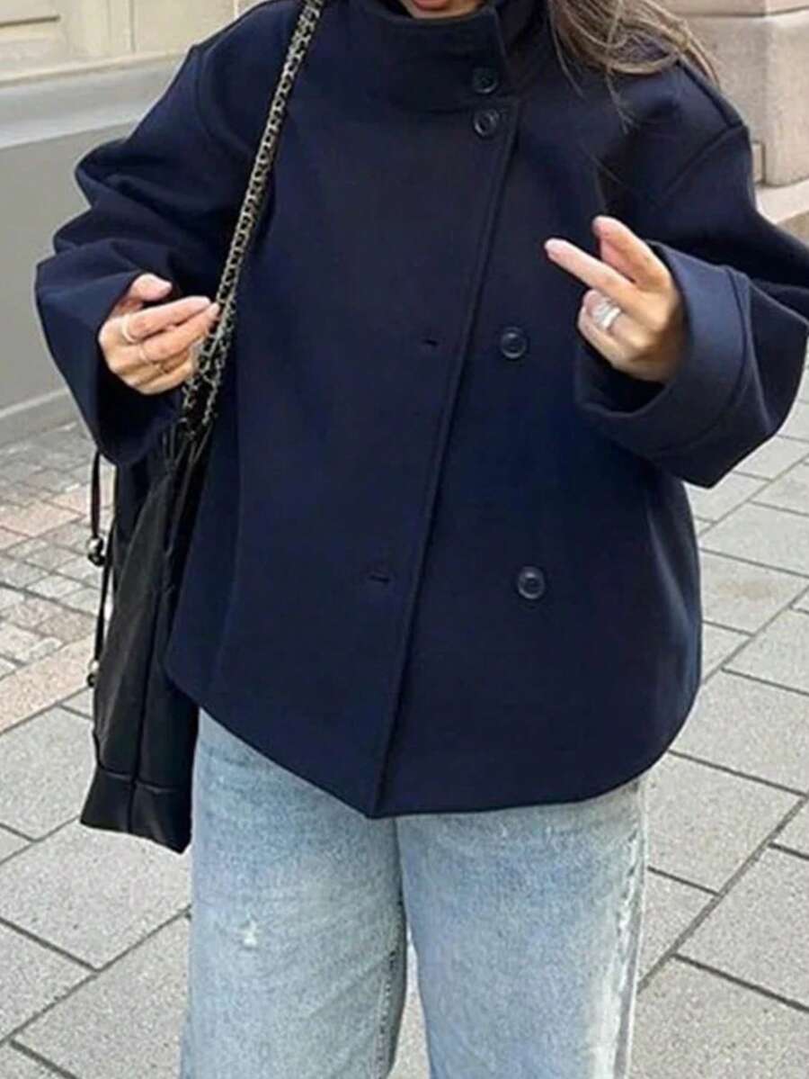 女式单排扣长袖保暖时尚大衣，纯色针织面料纽扣 - 藏蓝色 - 查看 1