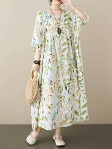 Đầm hoa nhí phong cách Bohemian mới năm 2026, đầm xòe rộng cổ tròn cỡ lớn mùa hè, đầm thanh lịch, áo lót mặc trong khi ngủ. - màu xanh lá - Xem 4