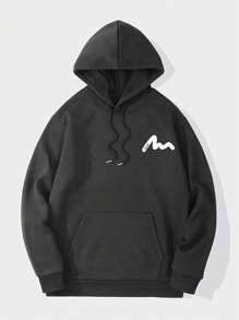 男士印花抽绳连帽卫衣，秋冬款，长袖上衣 - 深灰色 - 查看 7