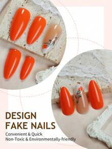 24 件中号杏仁按压指甲裸色按压指甲法式尖头带闪光线条艺术和叶子装饰简约风格光泽设计全覆盖假指甲适合女士女孩日常佩戴