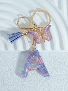 Sparkling Purple Mixed Snowflake Sequins, 26 Capital English Letters, Paired With Golden Patterned Butterflies And Purple Leather Tassels, 18kc Gold Lobster Buckle Flat Ring Chain Three Pieces Keychain Set, Suitable For Luggage Hanging Accessories, Car Hanging Accessories, Key Hanging Accessories, Mobile Phone Hanging Accessories, Clothing Hanging Accessories, As A Birthday Gift For Friends, Couples, And Mothers, Suitable For Both Men And Women - Purple - View 2
