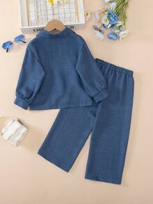 BASUSARRI 女孩秋冬纽扣衬衫长袖和阔腿裤两件套，优雅时尚的通勤和外出装 - 藍色 - 查看 2