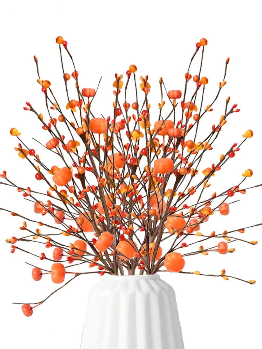 2/4/5/PCS人造仿真橙色秋莓南瓜插枝、花瓶、客厅室内外装饰，抗紫外线，色彩鲜艳，适合秋收节、感恩节和万圣节主题派对，家居氛围装饰