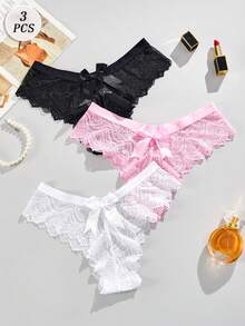 3-częściowe seksowne, słodkie, koronkowe stringi damskie z kokardką, półprzezroczysta bielizna z niskim stanem, czysty francuski, dojrzały urok, romantyczne majtki retro, lekkie, miękkie, wygodne, odpowiednie na prezenty do domu i na zewnątrz
