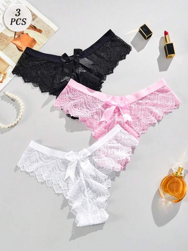 3 peças de tanga feminina sexy de renda oca com laço, roupa íntima semitransparente de cintura baixa, charme francês maduro puro, calcinhas românticas retrô, leves, macias, confortáveis, adequadas para presentes em casa e ao ar livre