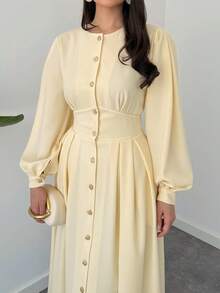 女士优雅长袖单排扣休闲连衣裙，纯色，梭织面料，春季款 - 黃色 - 查看 4