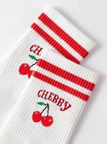 1 par de calcetines de mujer estampados de cerezas dulces, diseño a rayas unisex, cómodos y de moda, adecuados para uso diario, hogar, oficina, ocio, deporte, para todas las estaciones