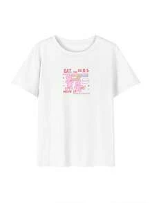 Women's T-Shirt, Short Sleeves, Crew Neck, Summer, Simple, 100% Cotton, Eat The Rainbow - 白色 - 查看 2