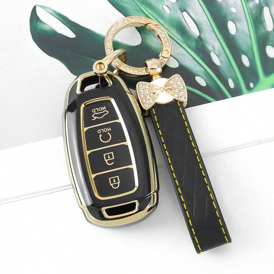 适用于现代汽车钥匙扣的耐用TPU保护套，适用于伊兰特GT、科纳、帕里斯帝、威纽、飞思等车型 - 四键设计，防摔防尘，精致高端钥匙包，女士适用