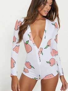 Women Summer Short Jumpsuit, Pepper/Peach Patterns Long Sleeve Deep V-Neck Button-Down Slim Home Wear, One-Piece Sleepwear