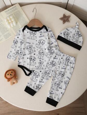 3 pièces/set Body complet bébé garçon mignon avec imprimé lion, avec volants aux épaules, pantalon long avec poignets aux chevilles et chapeau