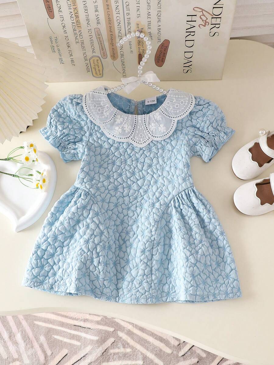 Infant Girls Ruffle Collar Bubble Crinkle Dress, Casual Cute Dress For Outings And Daily Wear, Spring/Summer - Multicolor - View 1