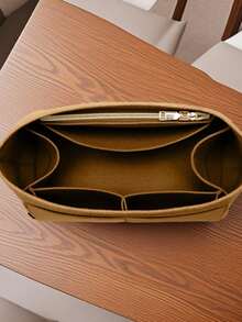 Bag Inserts For Tote Bag And Purse Solid Color Handbag Organizer With Zipper And Cup Holder - 棕色 - 查看 1