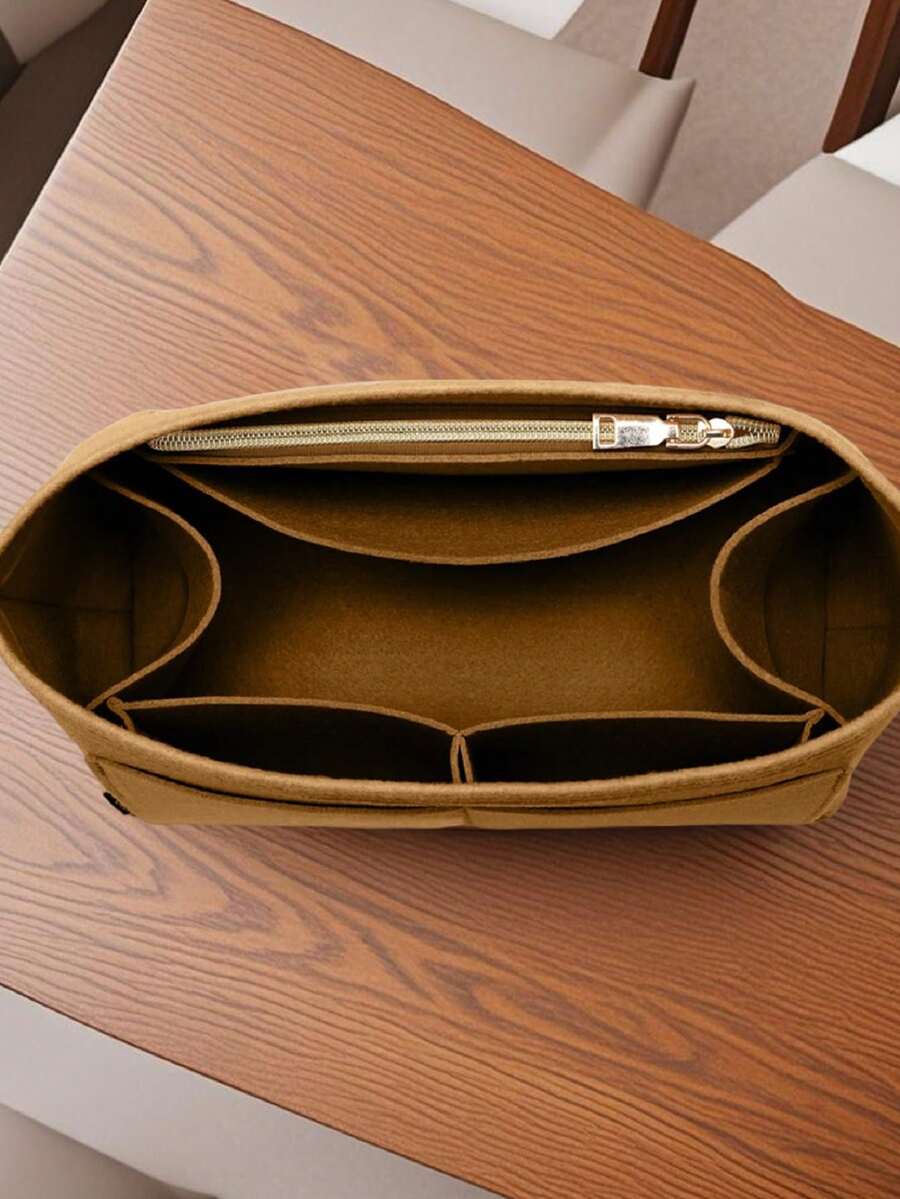Bag Inserts For Tote Bag And Purse Solid Color Handbag Organizer With Zipper And Cup Holder - 棕色 - 查看 1