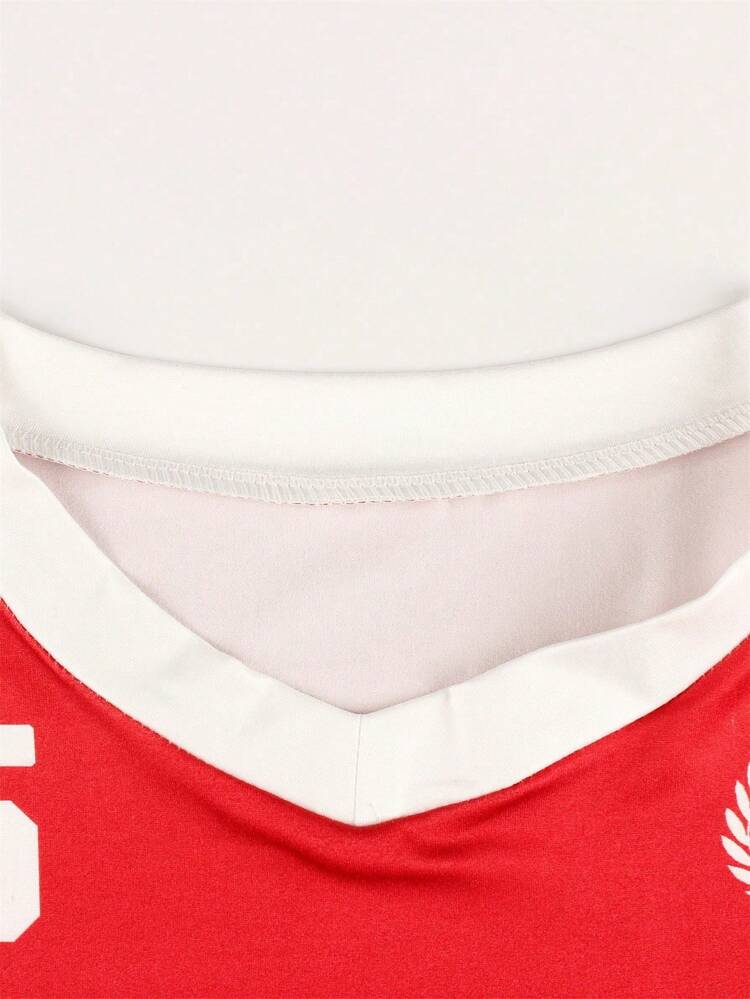 夏季街头 T 恤 V 领短袖字母印花上衣休闲 T 恤 - 紅色 - 查看 5