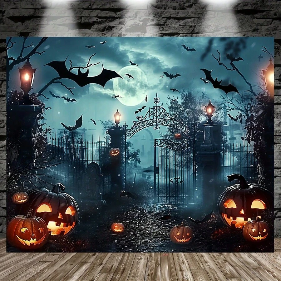 Halloween Ghost Background Fabric Made Of Polyester Material, Available In Various Styles, Witch Room, With Pumpkin Bats And Full Moon Indoor And Outdoor Multifunctional Wall Decoration Banner Background - Multicolor - View 1