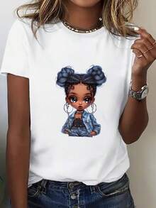 Camiseta Casual Gráfica para Mujer - Ajuste Holgado con Manga Corta y Diseño de Retrato Elegante, Perfecta para Salidas de Primavera/Verano - blanco - Ver 6
