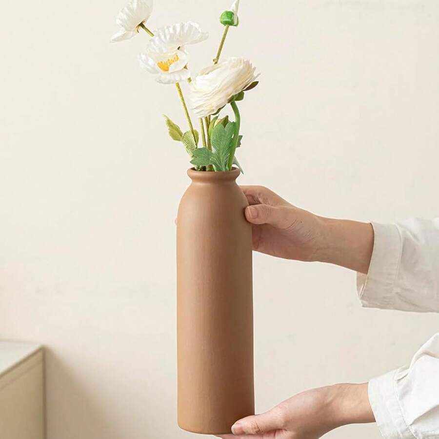 Juego de 3 jarrones decorativos de cerámica de 10.4 pulgadas, estilo bohemio moderno escandinavo, decoración del hogar de estilo campestre moderno blanco (mezcla de café) - Mezcla de café - Ver 1