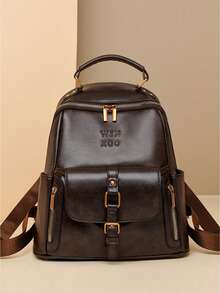 Ladies' Retro Small Backpack, Synthetic Leather, Detachable Strap, Multiple Compartments, Multifunctional Shoulder Bag For Daily Work - Brown - View 3