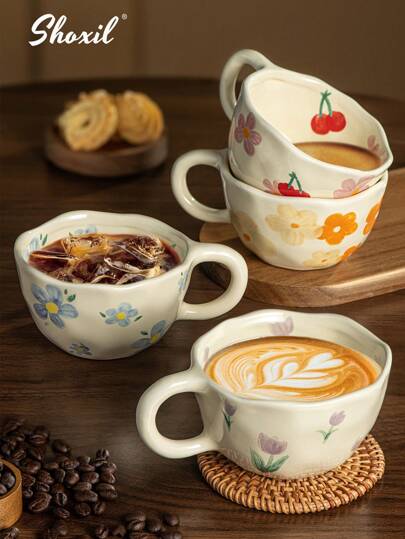 shoxil 1pc Ceramic Coffee Mug, Breakfast Mug, Coffee Mug With Flower Pattern, For Hotel Office Home