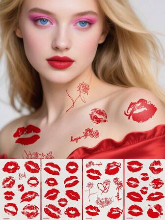 Tiebeauty 4张甜蜜嘴唇临时纹身贴纸身体手脸纹身贴纸适用于派对婚礼贴纸用品