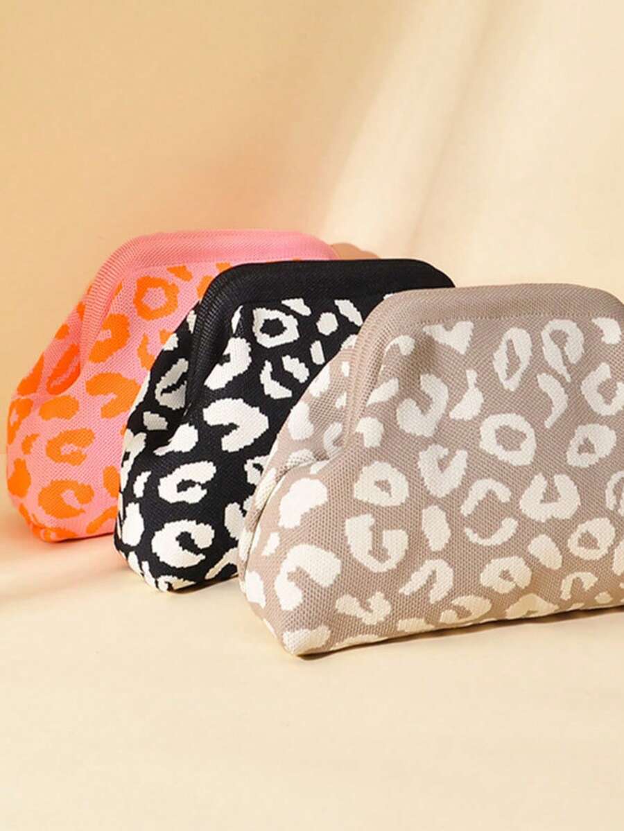 Leopard Print Clutch Bag, Contrast Color Knitted Wristlet, Spacious And Stylish Handbag