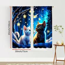 2 件可爱小猫窗帘 - 俏皮猫咪设计，蓝色窗帘和闪烁灯光，耐用涤纶面料，半透明，适用于客厅或卧室装饰（不含杆），卧室窗帘 | 猫咪主题装饰 | 杆袋风格，客厅窗帘 - 彩色 - 查看 20