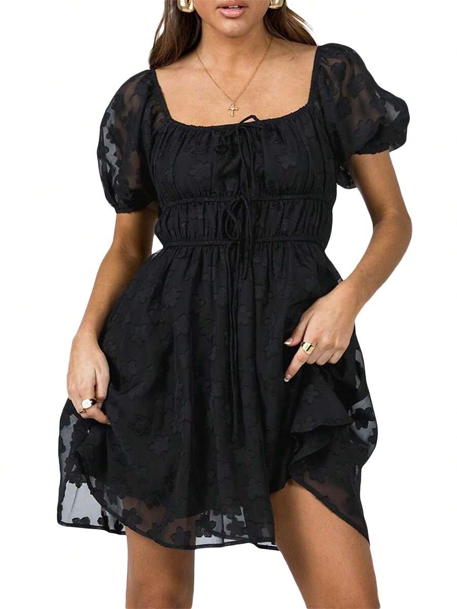 Summer Women's Bubble Sleeve A-Line Dress With Elastic Waist Lace Trim - Pastel Colors - 黑色 - 查看 1