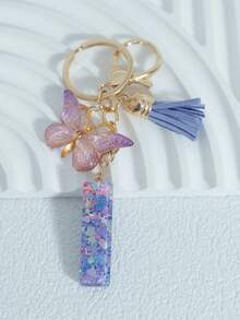 Sparkling Purple Mixed Snowflake Sequins, 26 Capital English Letters, Paired With Golden Patterned Butterflies And Purple Leather Tassels, 18kc Gold Lobster Buckle Flat Ring Chain Three Pieces Keychain Set, Suitable For Luggage Hanging Accessories, Car Hanging Accessories, Key Hanging Accessories, Mobile Phone Hanging Accessories, Clothing Hanging Accessories, As A Birthday Gift For Friends, Couples, And Mothers, Suitable For Both Men And Women - Purple - View 15