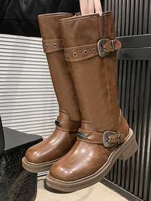 Botas altas retro de tacón grueso para mujeres en color marrón, con hebilla ajustable, tacón ancho, cremallera lateral, caña alta, pantorrilla ancha, botas estilo western, de motociclista, tallas grandes - Marrón - Ver 5