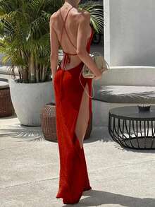 女士夏季波西米亚风沙滩性感亮片纯色针织露背高开衩紧身吊带连衣裙，透视材质，适合音乐节、派对、酷女孩摄影日常穿着，性感半透明风格沙滩度假波西米亚派对春季优雅 - 紅色 - 查看 2