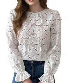 Vintage Lace Hollow Floral Round Neck Long Flared Sleeve Loose Blouse For Women  Blusas De Mujer Elegante Casual Dating Office Tops - 白色 - 查看 4