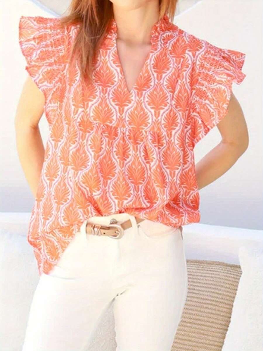 Leaf Print Tank Tops For Women Fashionable Summer V Neck Ruffled Flying Sleeve Loose Shirt - Red - View 1