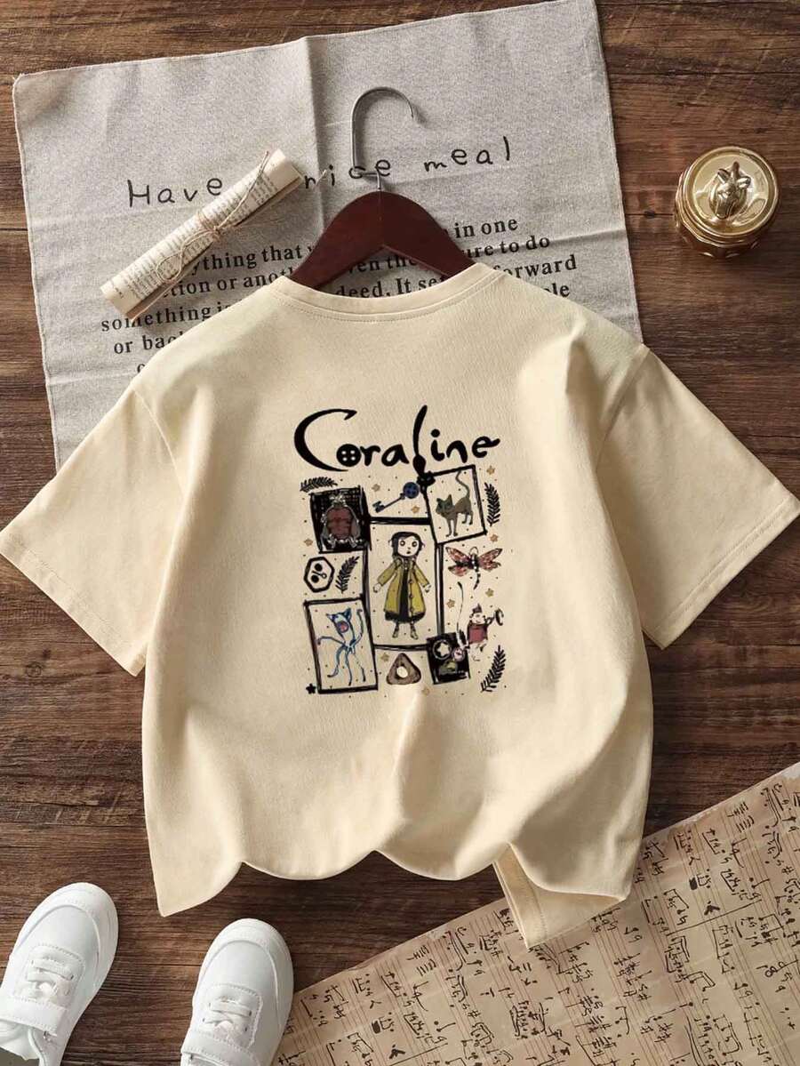 少女趣味印花圆领短袖 T 恤，休闲夏季上衣