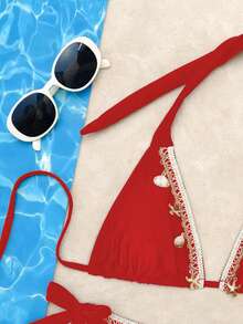 2pcs Women's Ocean Theme Decorative Sexy Casual Bikini Set, Spaghetti Strap Solid Color Swimsuit Suitable For Beach, Swimming, Spring/Summer Vacation, Removable Swimsuit Pads - Red - View 6