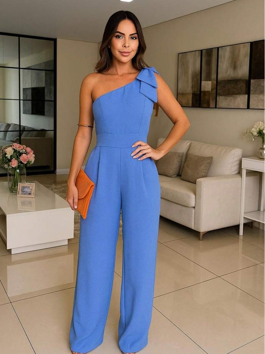 Women's Long Jumpsuit Simple Asymmetrical Butterfly Knot - Azul - Ver 1