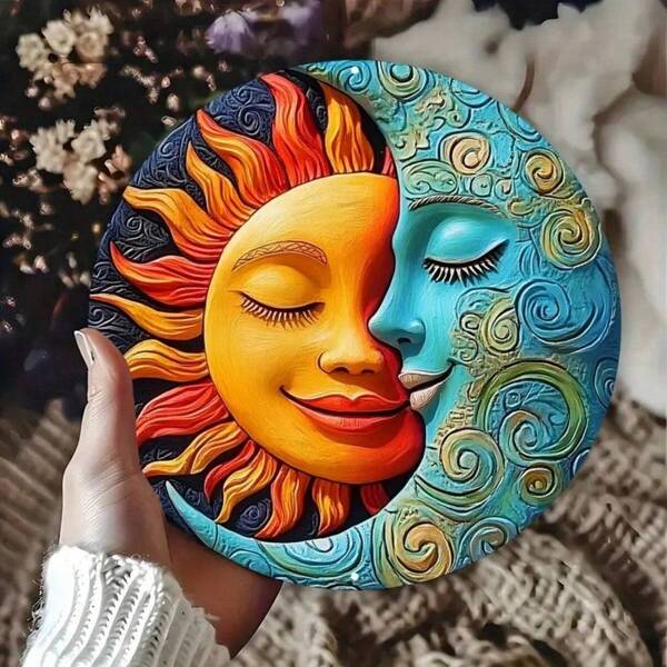 1 peça de arte de parede com rosto de sol e lua, placa decorativa de metal 2D redonda de 8", presente criativo de decoração para casa, adequada para sala de estar, quarto, banheiro, garagem, bar, café - estilo decorativo festivo, posições de furos de montagem aleatórias