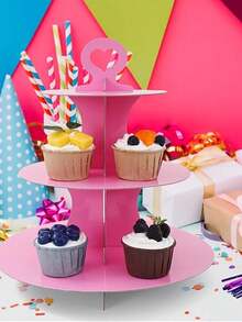 1pc Paper Cake Stand, 3-Tier Dessert Display Stand, Wedding Bridal Party Supplies, Anniversary Birthday Party Cupcake Display Stand, Happy Birthday Party Table Centerpiece Decoration - Multicolor - View 4