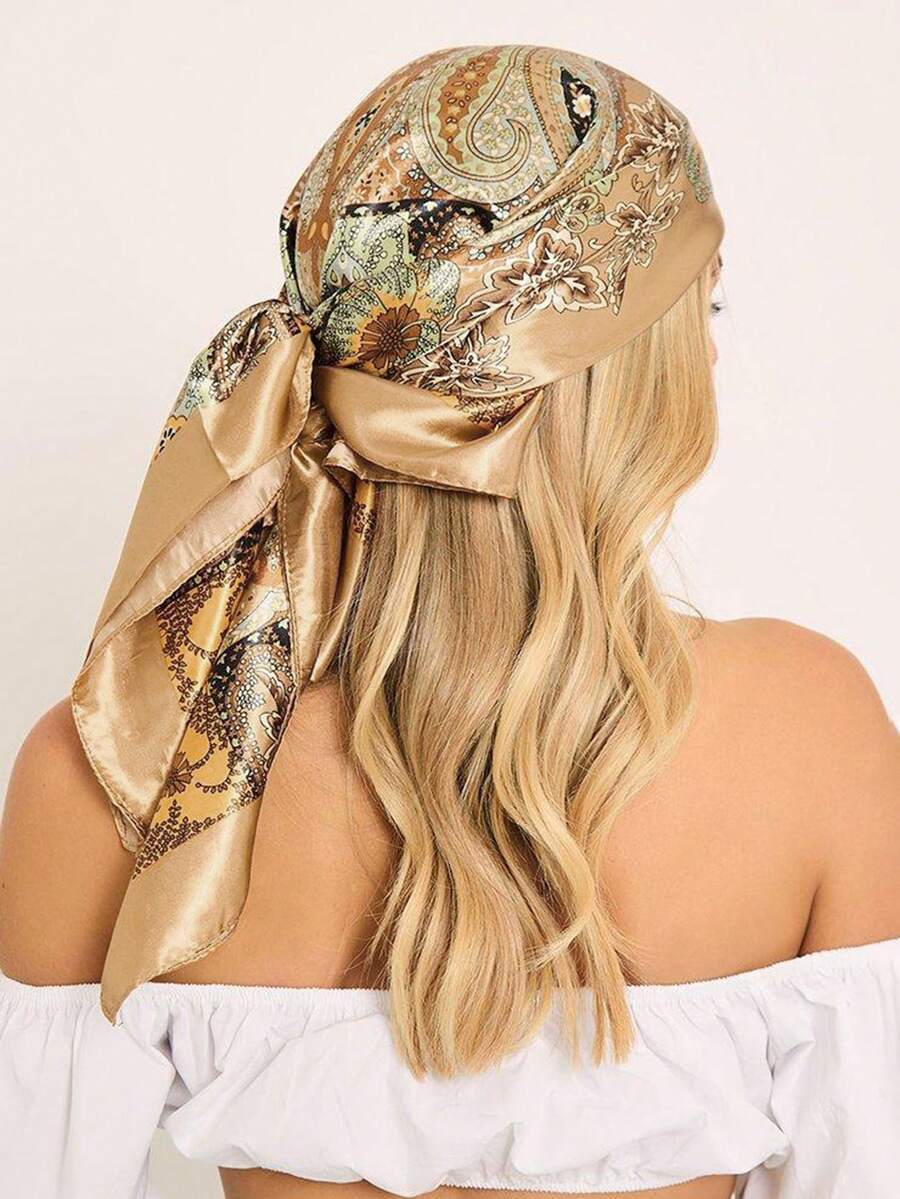 1 Khăn choàng cổ bằng vải satin in họa tiết Bohemian Paisley dành cho nữ, Khăn trùm đầu thanh lịch thường ngày, khăn choàng chống nắng cho trang phục - Màu Khaki - Xem 1