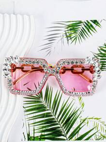 Y2K Style Large Frame Fashion Glasses With Rhinestone Decor, Suitable For Wedding, Party, Music Festival, Beach, Decoration & Photography Square Shape Shades