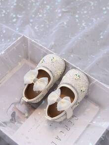 1 Pair Toddler Girls Shoes, New PU Printed Bow Cute Infant Princess Shoes, Lightweight Soft Sole Suitable For Crawling, Spring/Summer/Autumn - Beige - View 4