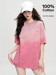 Black & White Ombre Color Block Wash Engineered Design Short Sleeve Mid-Length T-Shirt For Women, Summer Top