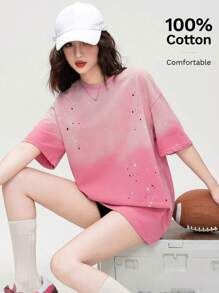 Black & White Ombre Color Block Wash Engineered Design Short Sleeve Mid-Length T-Shirt For Women, Summer Top