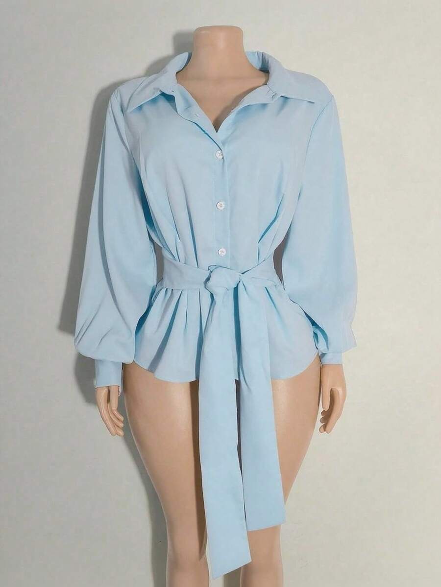 Plus Striped Print Belted Shirt - Multicolor - View 1