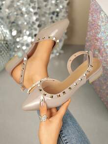 Solid Color Bohemian Elegant Punk Rivet Studded Pointed Toe Holiday Wedding Party Summer Sandals - Apricot - View 1